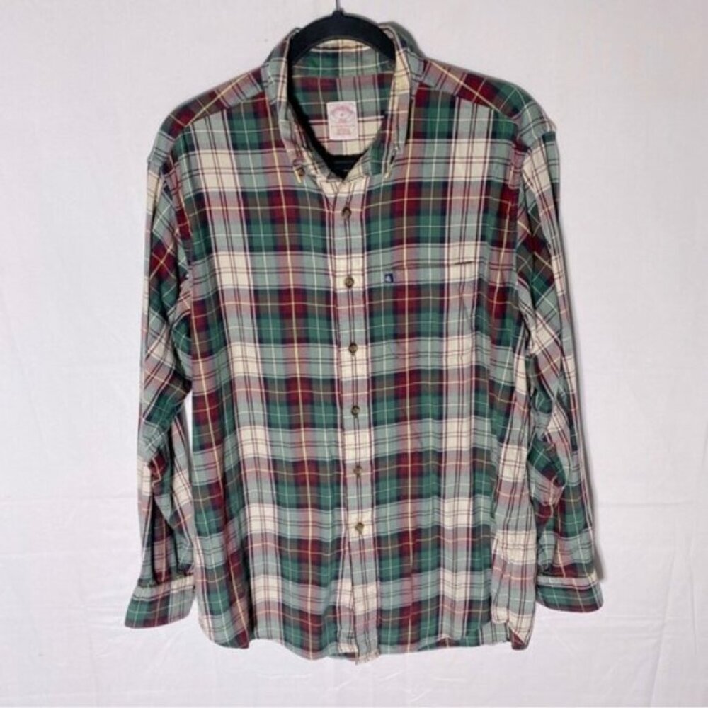 Brooks Brothers Green Burgundy Cream Plaid Long Sleeve Casual Bitton Up Shirt M